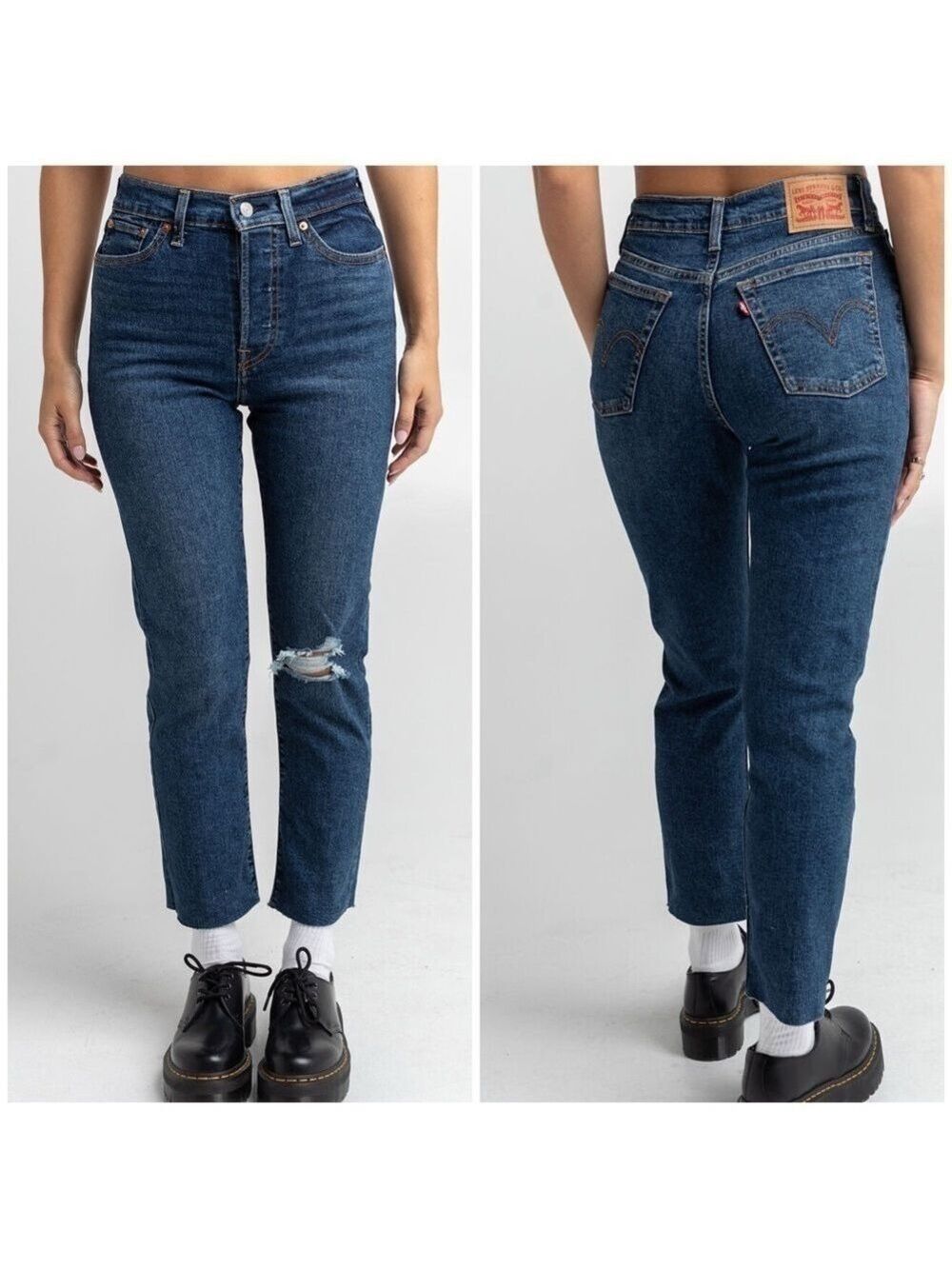 Levi’s High Waisted Wedgie Straight Jeans in Medium Blue Destructed